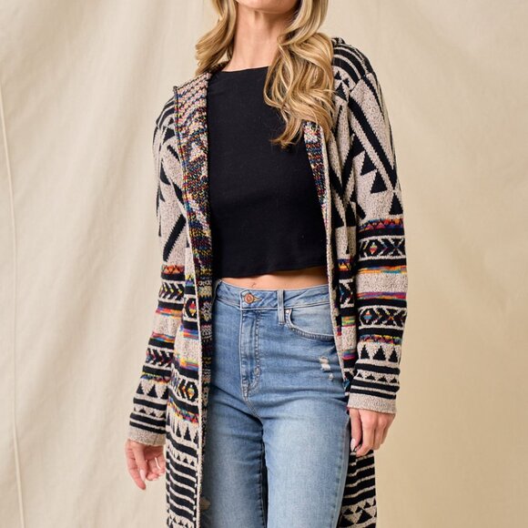new ON BLUE SWEATER CARDIGAN WRAP boho western AZTEC TRIBAL TAUPE jacquard SM-3X - Picture 6 of 12